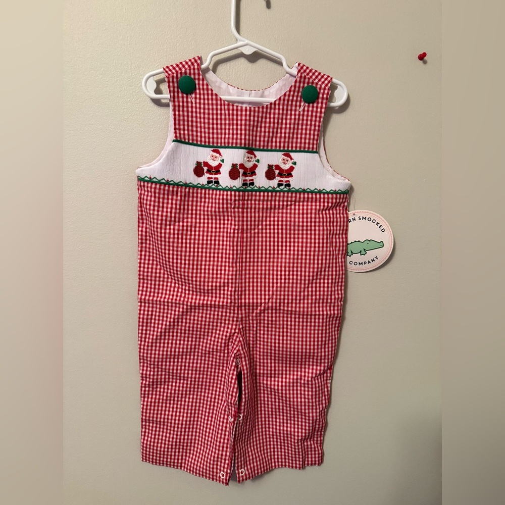 Southern Smocked Company Red Gingham Smocked Santa Longalls